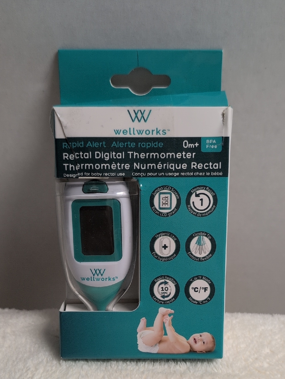 Wellworks Rectal Digital Thermometer - Teal & White 0m+ BPA Free